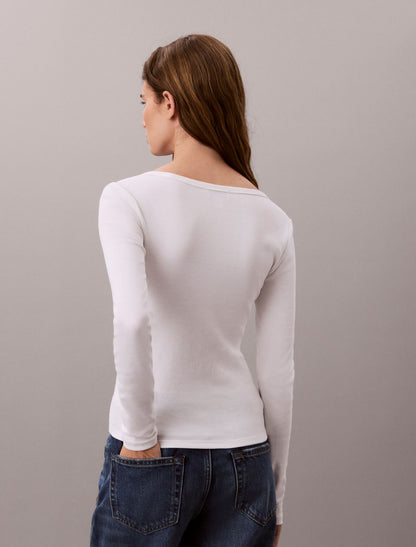 Woven Monologo Rib Long Sleeve Tee - Calvin Klein Women