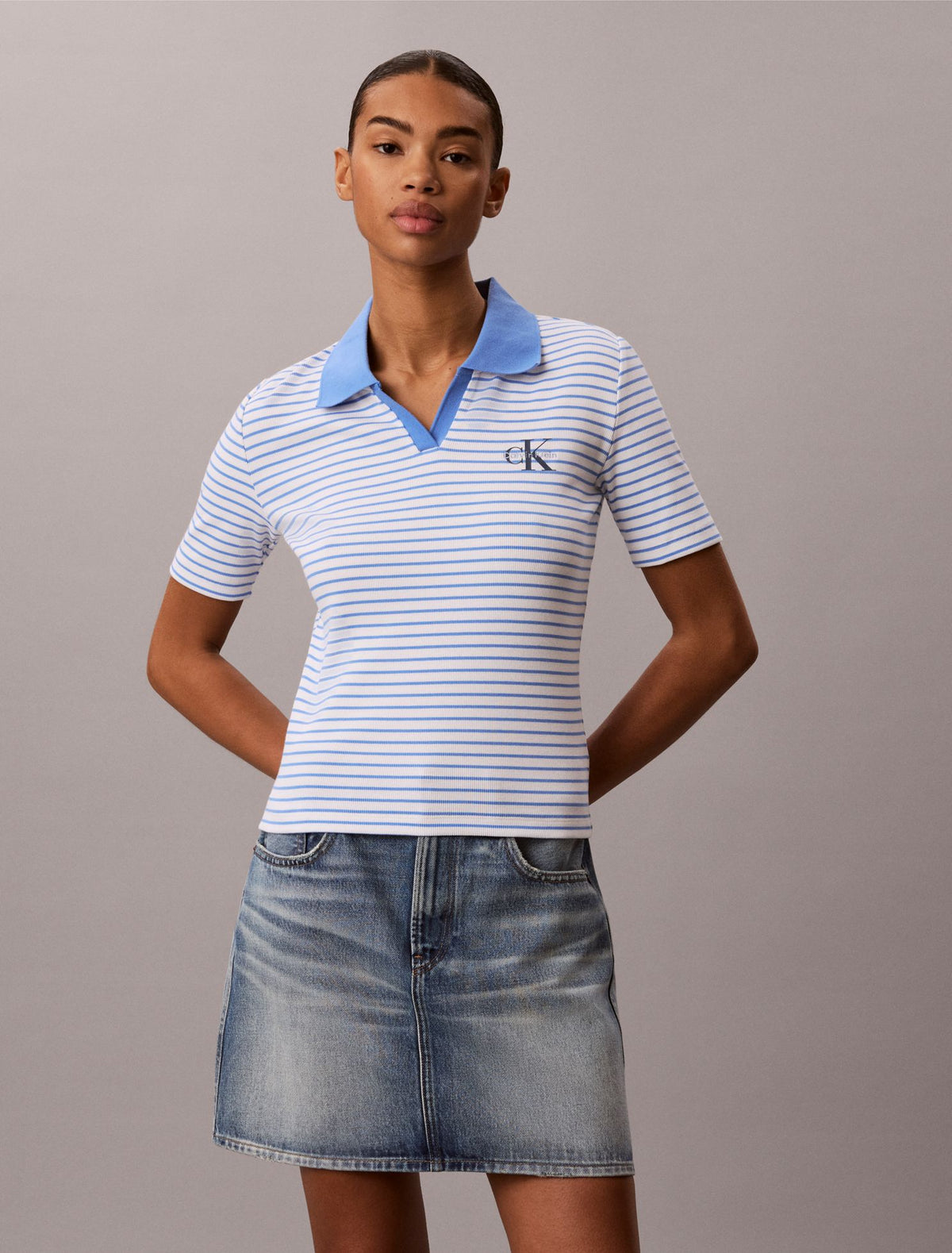 Monologo Stripe Rib Polo T-Shirt - Calvin Klein Women