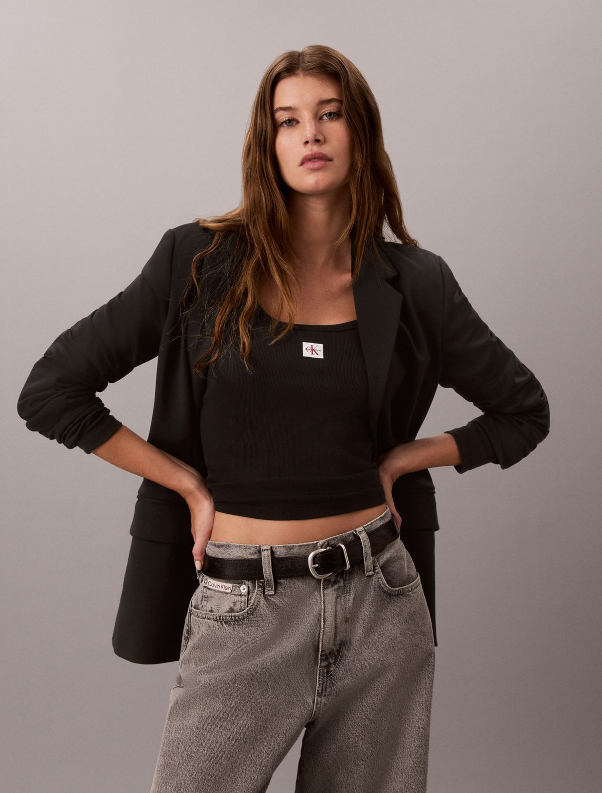 Woven Monologo Rib Long Sleeve Tee - Calvin Klein Women