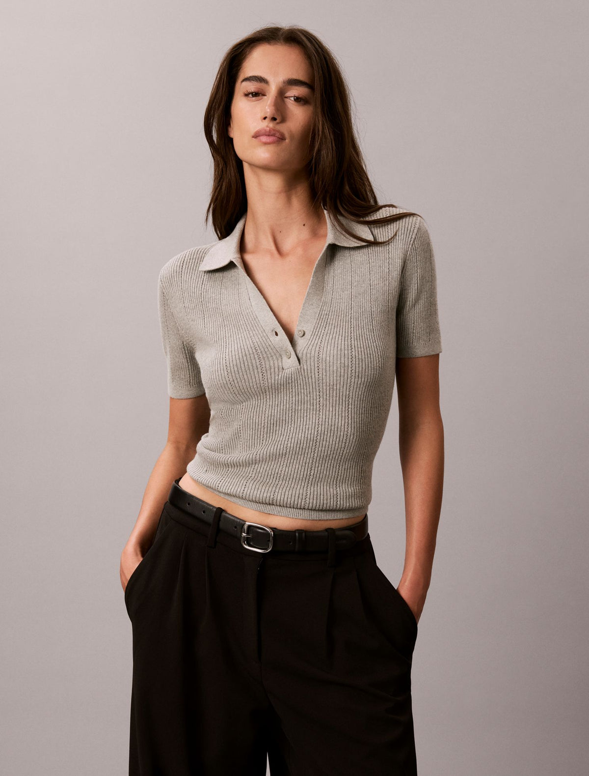 Smooth Cotton Rib Polo Sweater - Calvin Klein Women