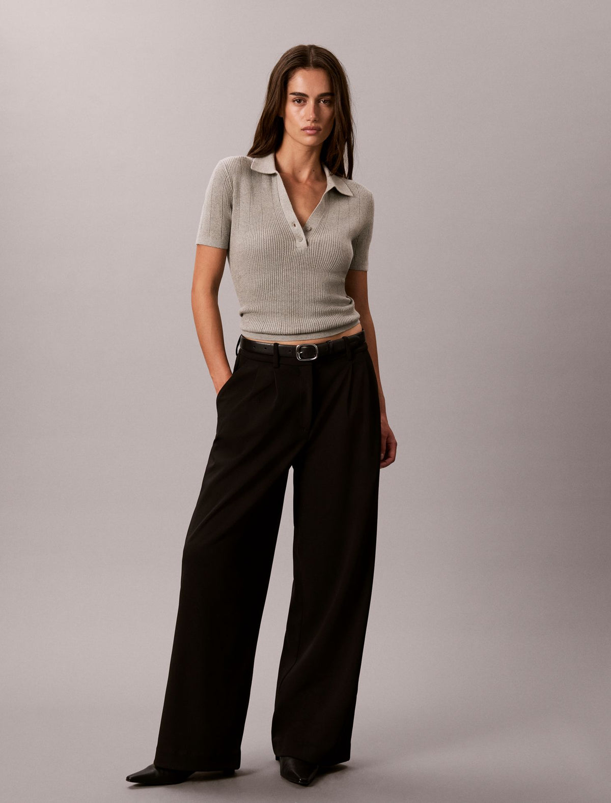 Smooth Cotton Rib Polo Sweater - Calvin Klein Women