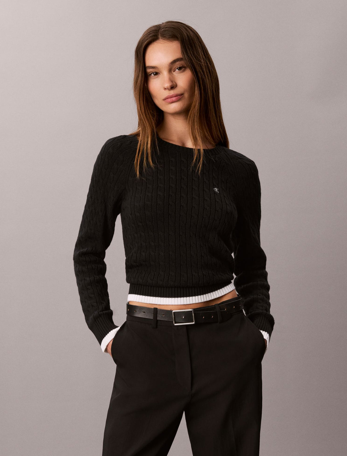 Cable Knit Tipping Crewneck Sweater - Calvin Klein Women