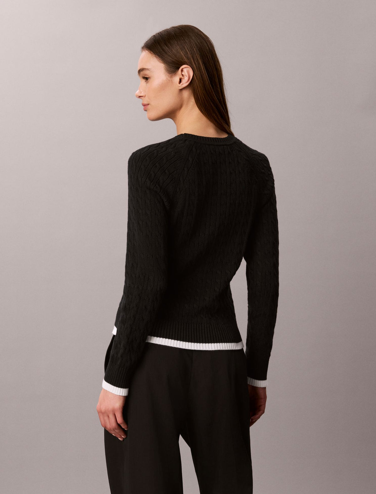 Cable Knit Tipping Crewneck Sweater - Calvin Klein Women