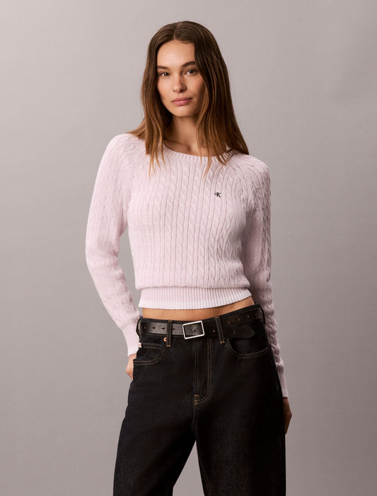 Cable Knit Tipping Crewneck Sweater - Calvin Klein Women