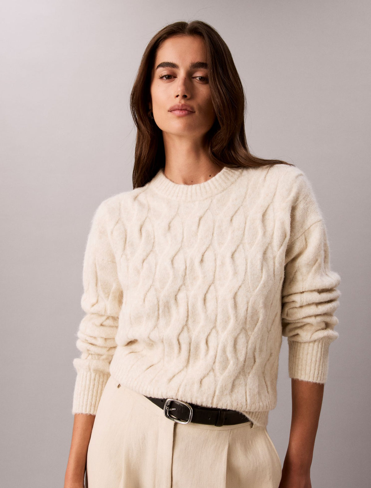 Wool Blend Cable Knit Sweater - Calvin Klein Women