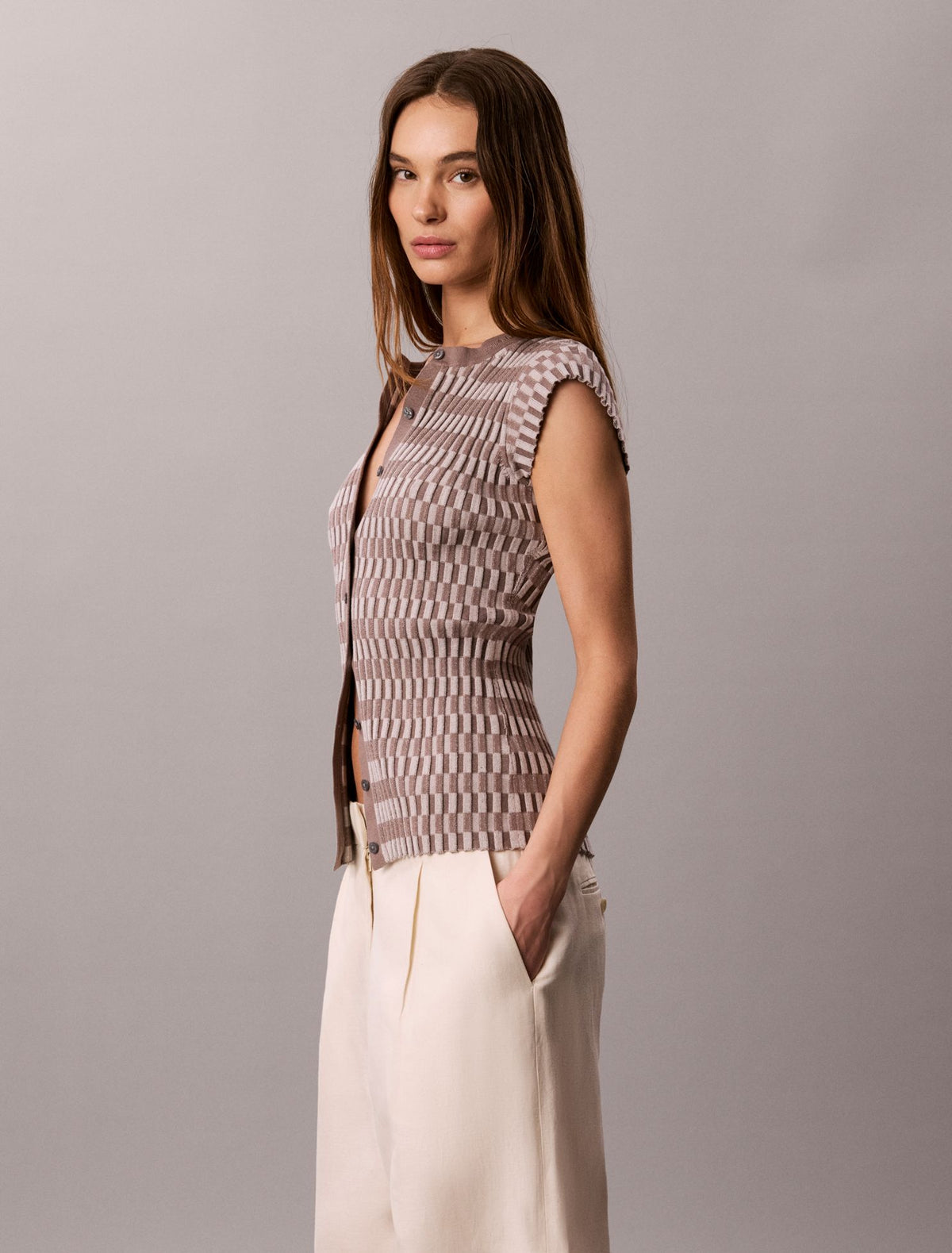 Tech Knit Checkered Rib Cardigan - Calvin Klein Women