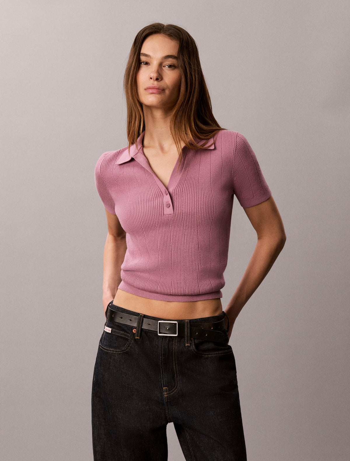 Smooth Cotton Rib Polo Sweater - Calvin Klein Women
