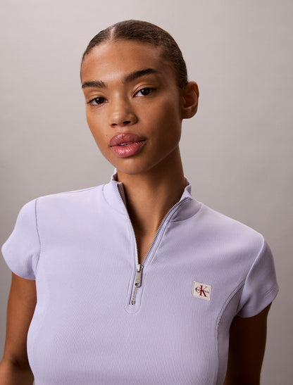 Woven Monologo Rib Quarter Zip Top - Calvin Klein Women
