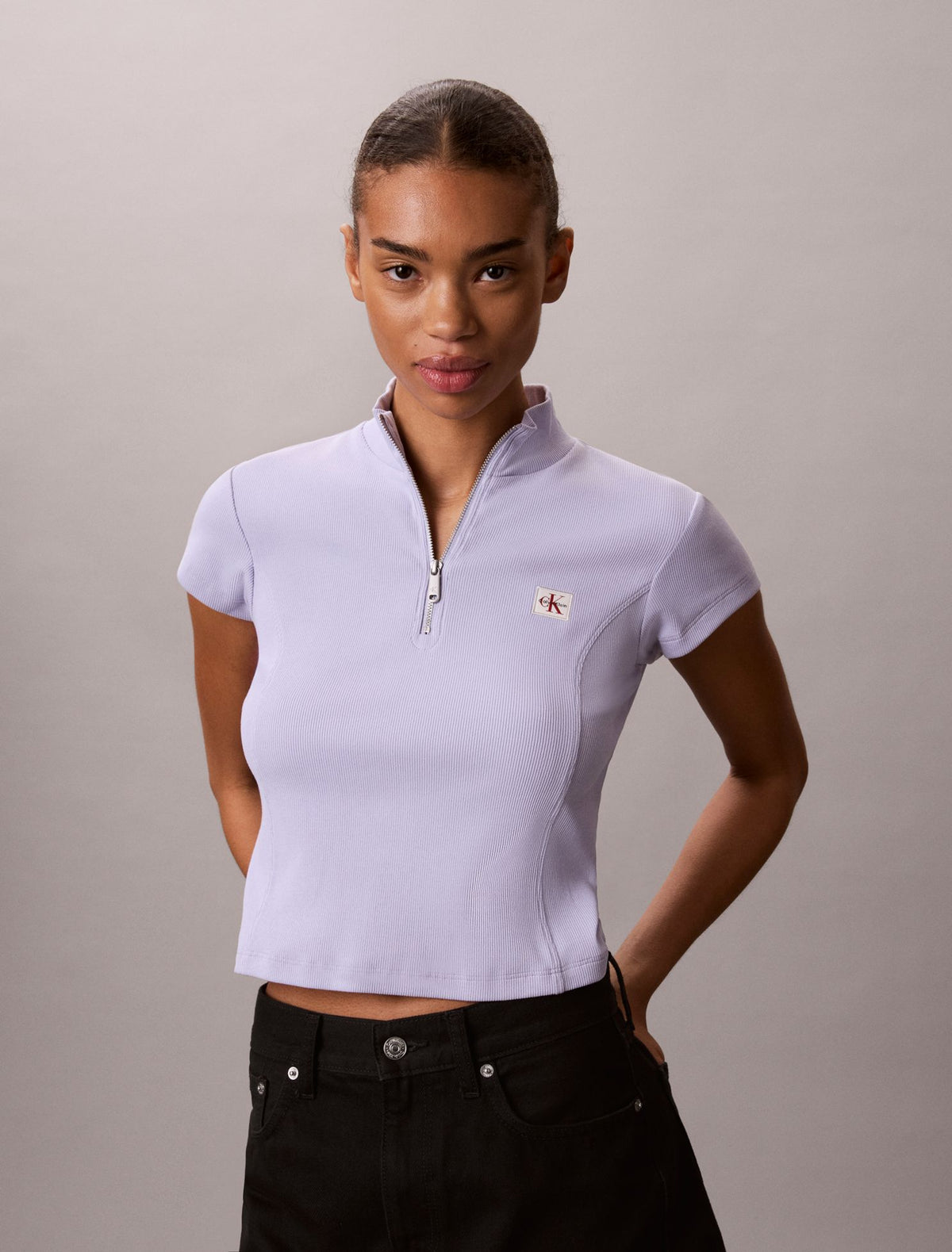 Woven Monologo Rib Quarter Zip Top - Calvin Klein Women