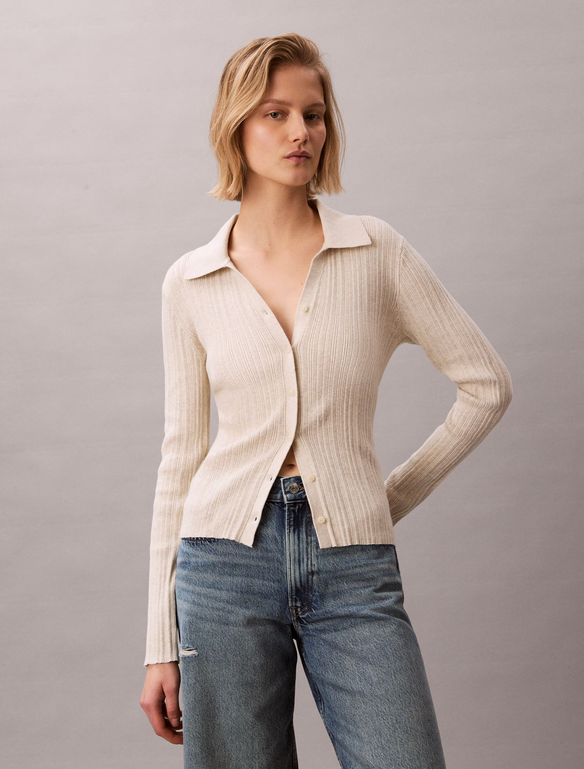 Smooth Cotton Rib Polo Cardigan - Calvin Klein Women