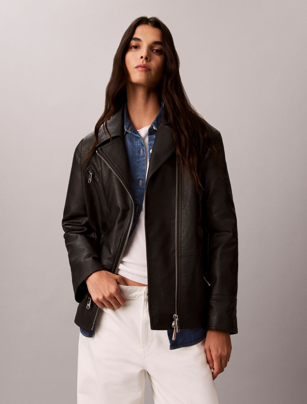 Faux Leather Motorcycle Jacket - Calvin Klein Women