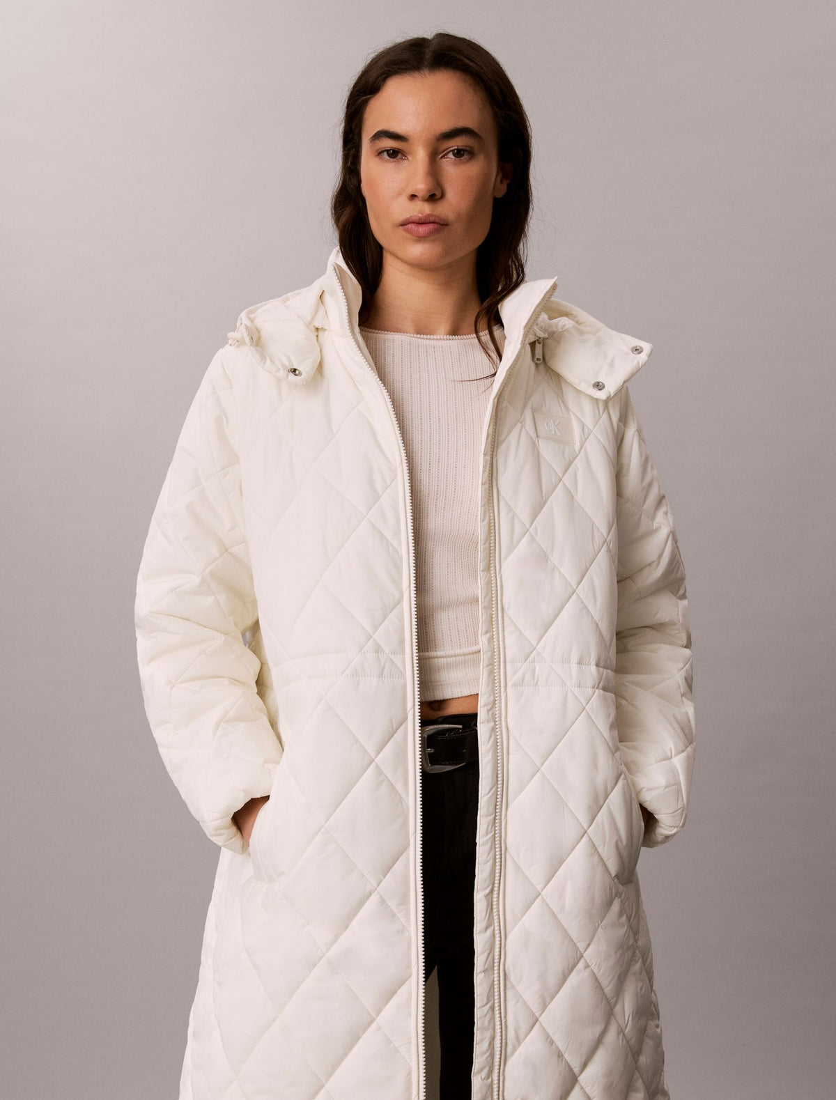 Quilted Hooded Long Liner Coat - Calvin Klein Women