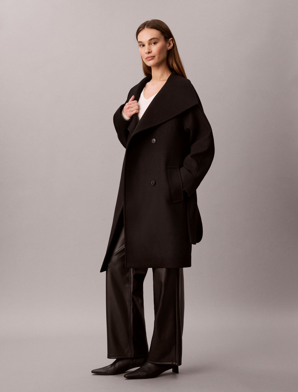 Wool Blend Funnel Neck Coat - Calvin Klein Women