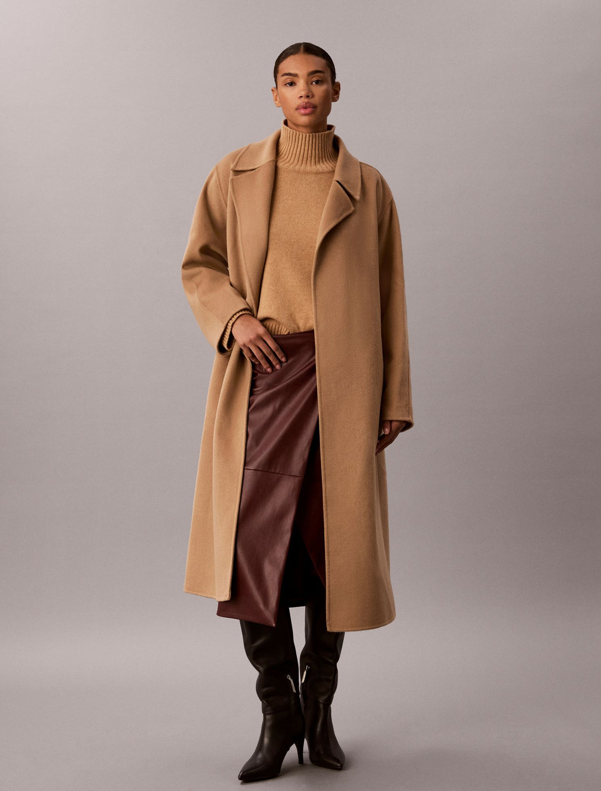 Double Faced Wool Blend Wrap Coat - Calvin Klein Women