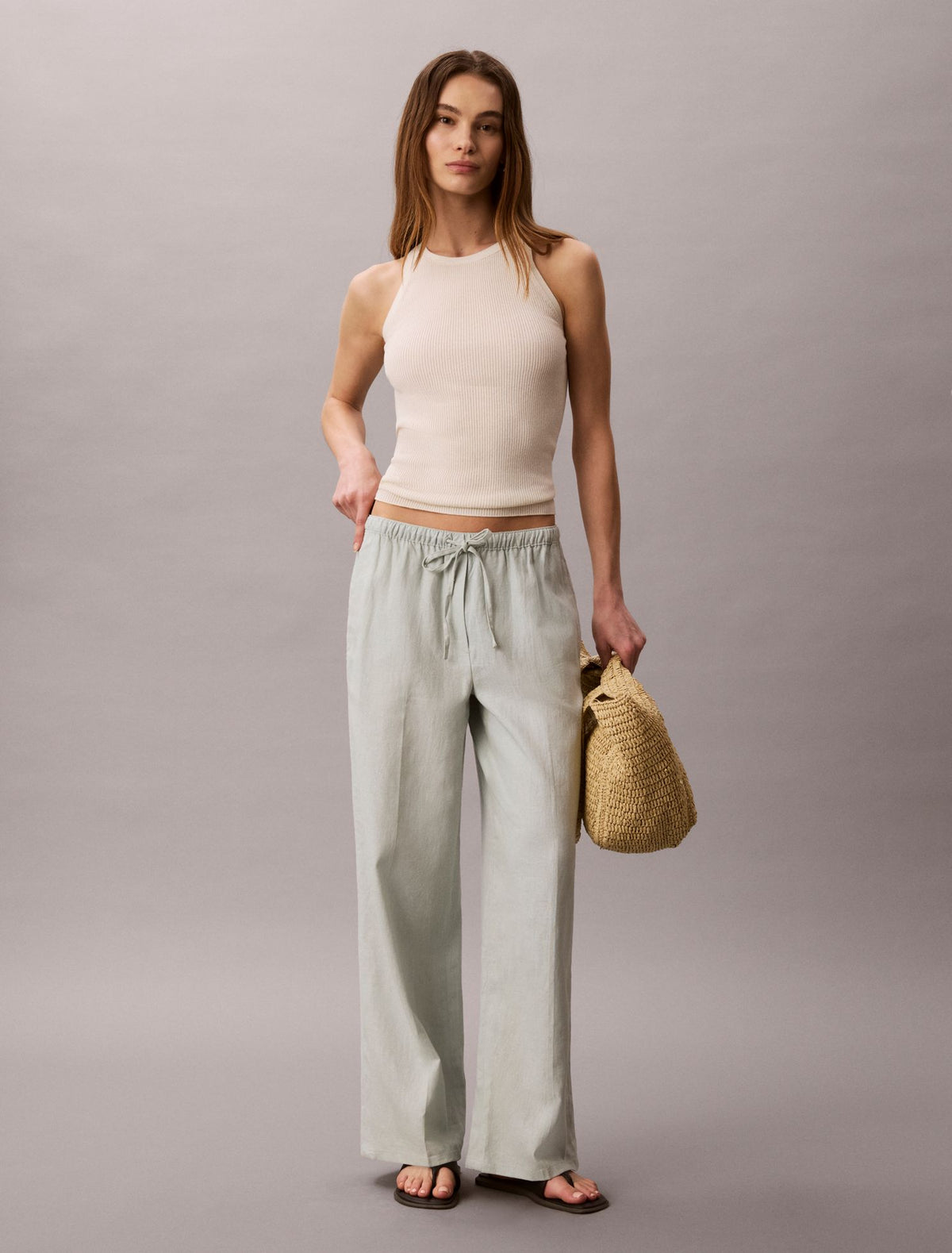 Linen Blend Drawstring Wide Leg Pants - Calvin Klein Women