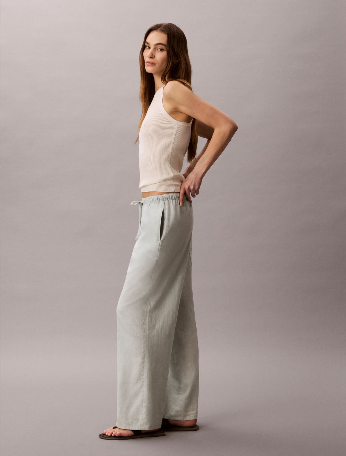 Linen Blend Drawstring Wide Leg Pants - Calvin Klein Women
