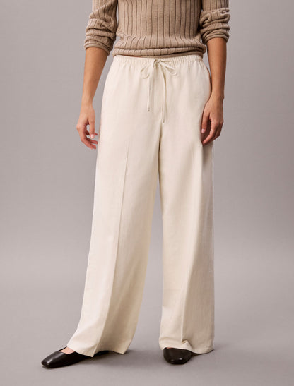 Linen Blend Drawstring Wide Leg Pants - Calvin Klein Women