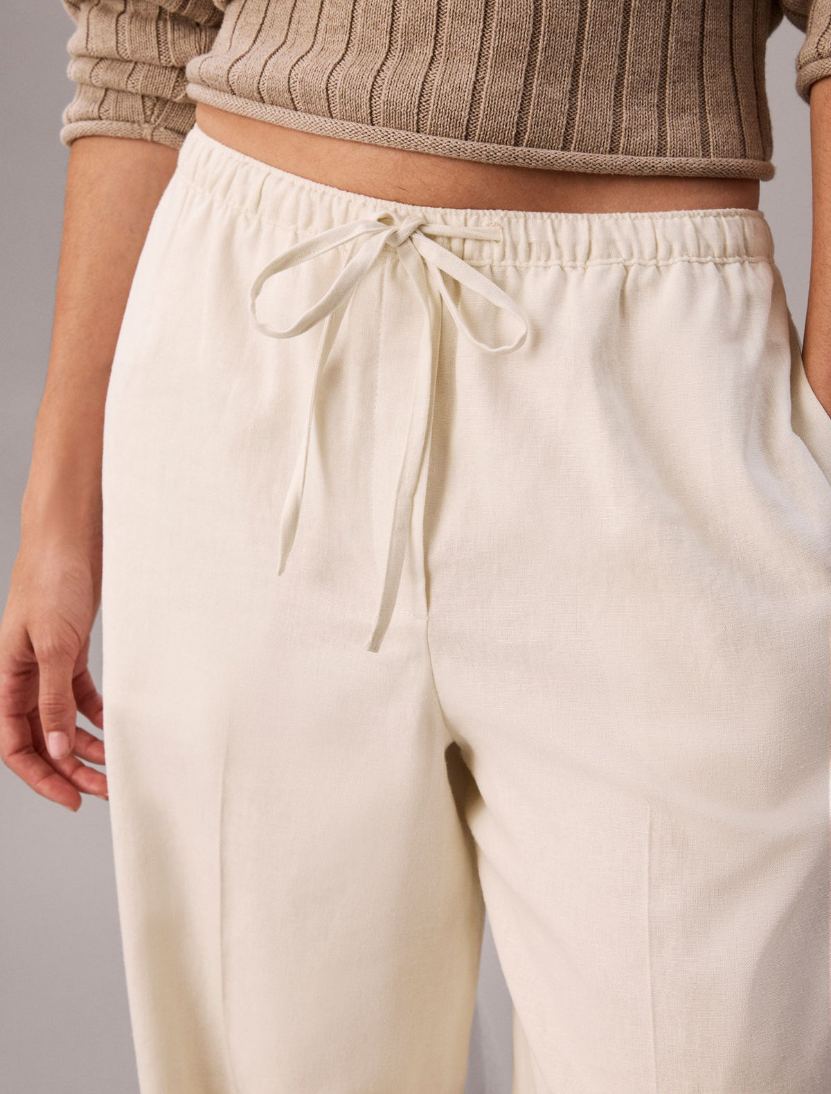 Linen Blend Drawstring Wide Leg Pants - Calvin Klein Women