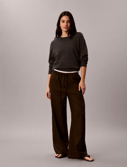 Linen Blend Drawstring Wide Leg Pants - Calvin Klein Women