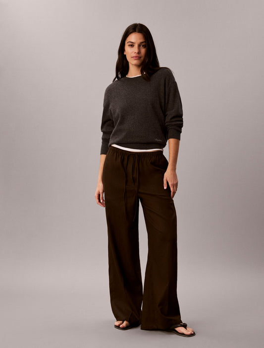 Linen Blend Drawstring Wide Leg Pants - Calvin Klein Women