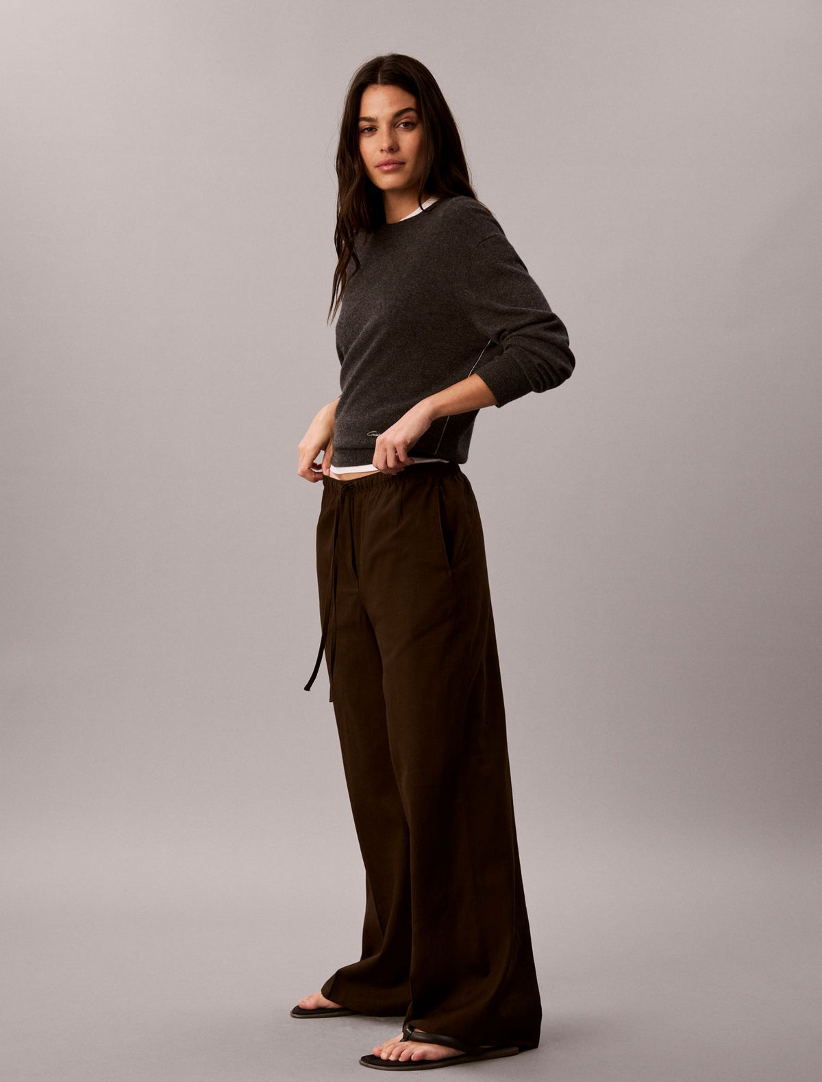 Linen Blend Drawstring Wide Leg Pants - Calvin Klein Women