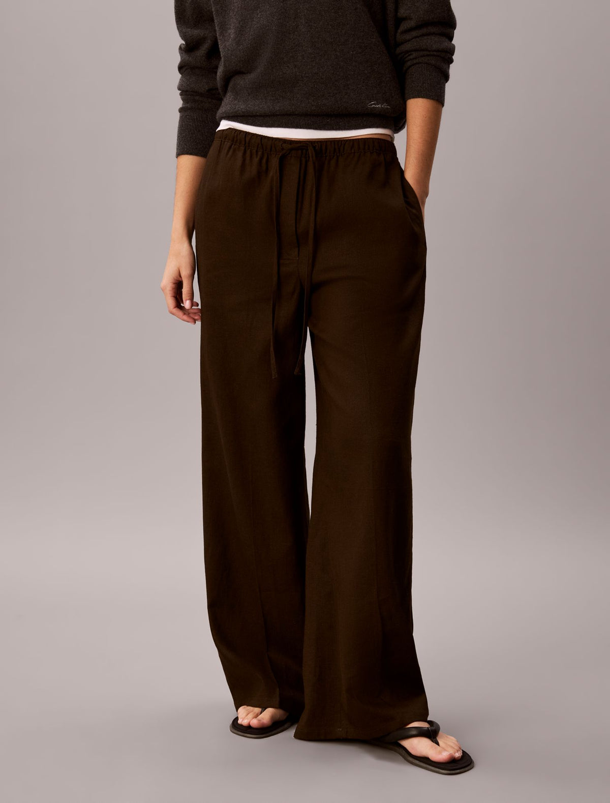 Linen Blend Drawstring Wide Leg Pants - Calvin Klein Women