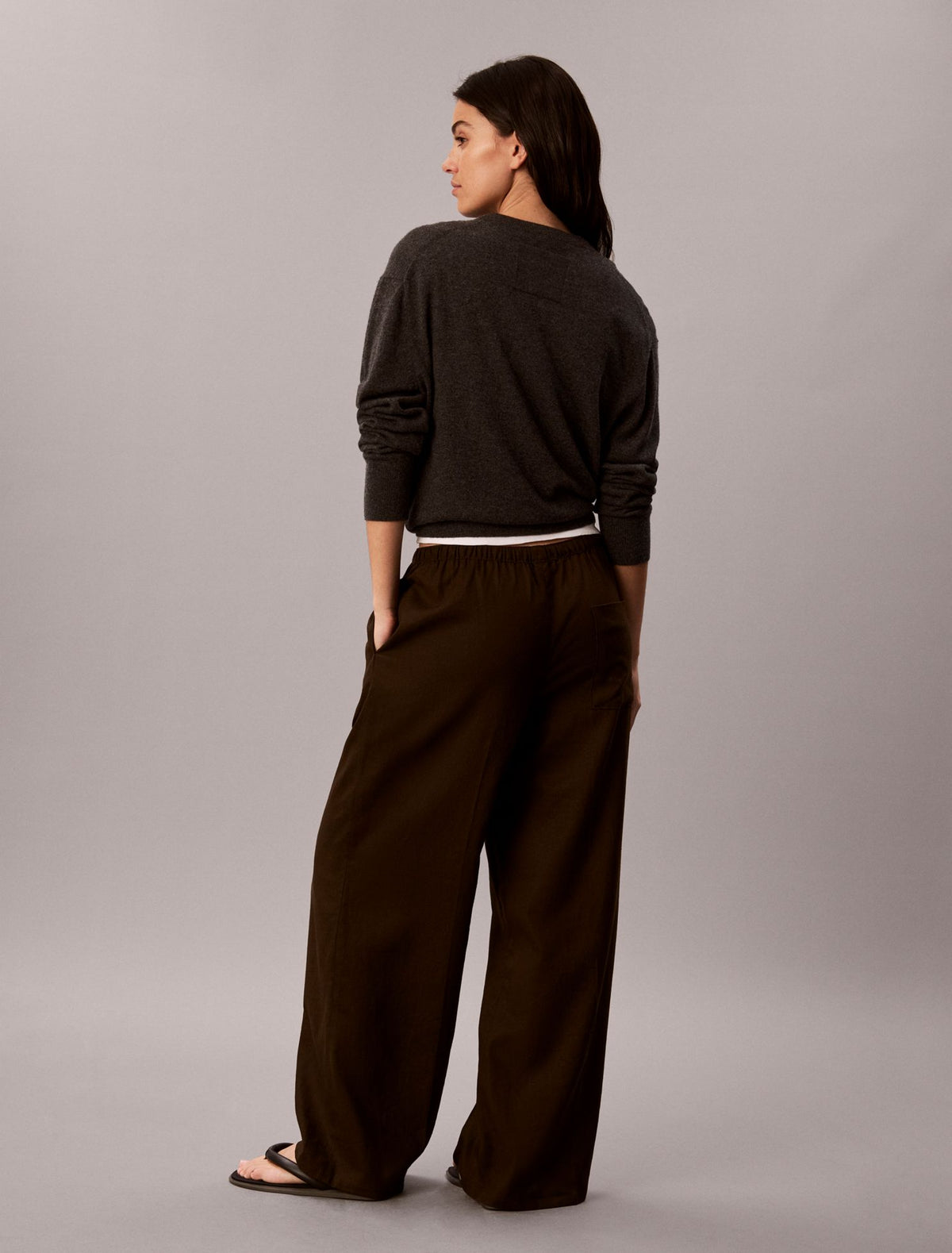Linen Blend Drawstring Wide Leg Pants - Calvin Klein Women