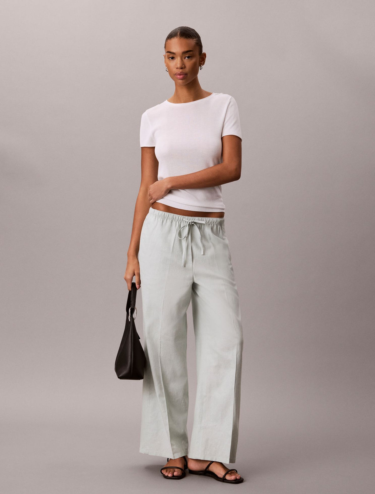 Linen Blend Drawstring Wide Leg Pants - Calvin Klein Women