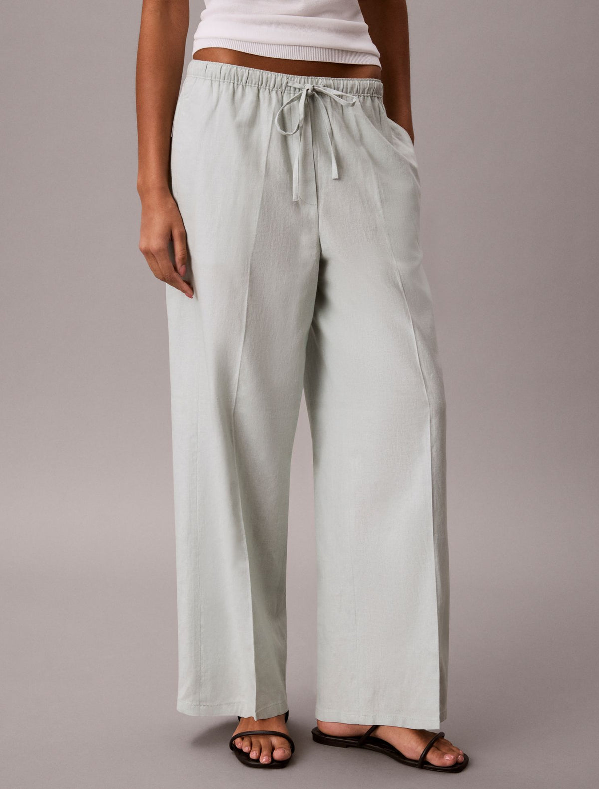 Linen Blend Drawstring Wide Leg Pants - Calvin Klein Women