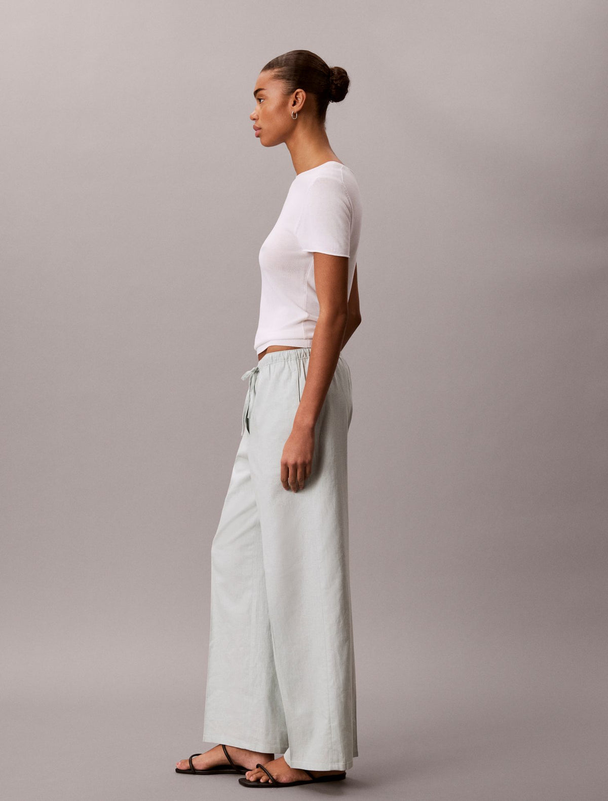 Linen Blend Drawstring Wide Leg Pants - Calvin Klein Women