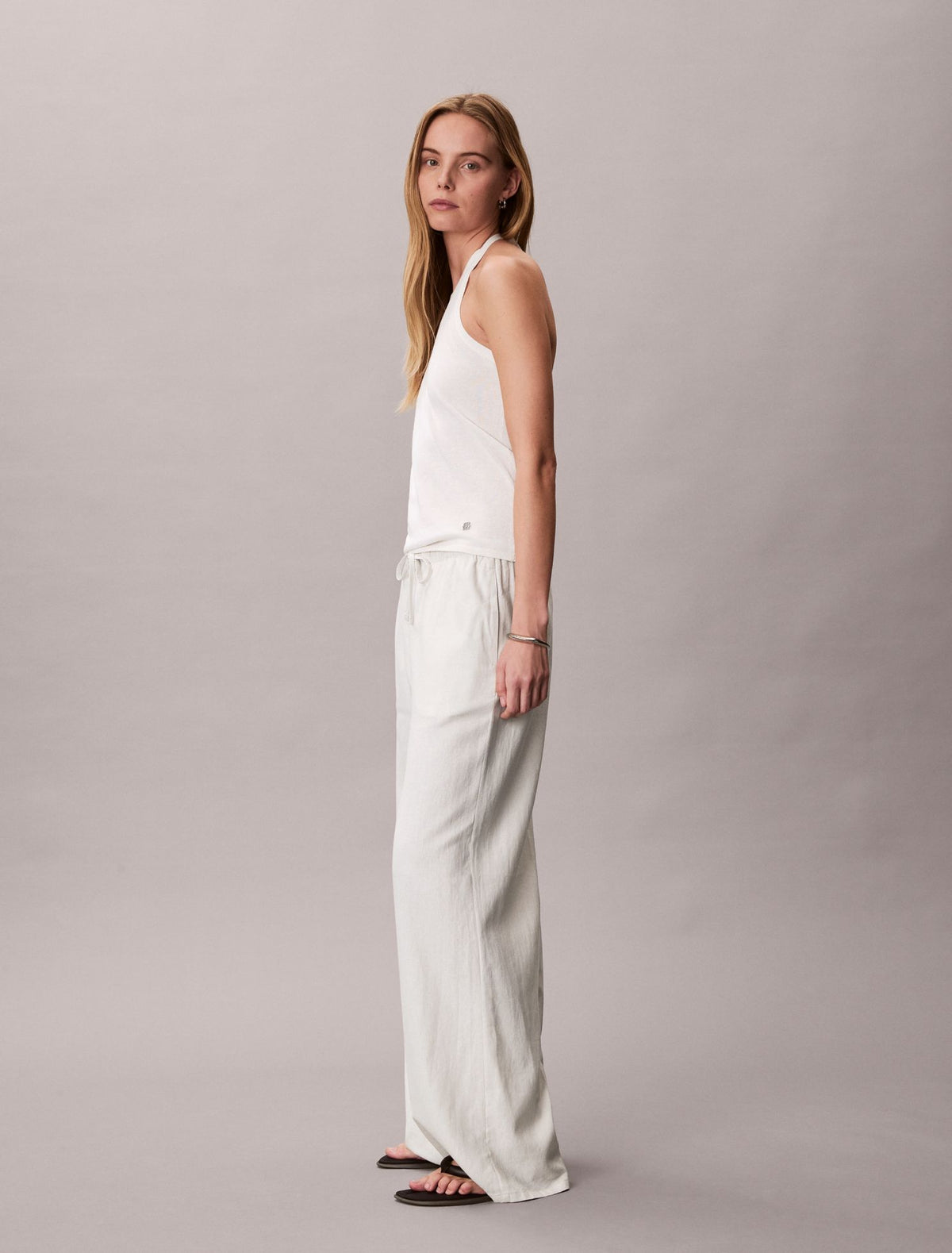 Linen Blend Drawstring Wide Leg Pants - Calvin Klein Women
