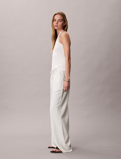Linen Blend Drawstring Wide Leg Pants - Calvin Klein Women