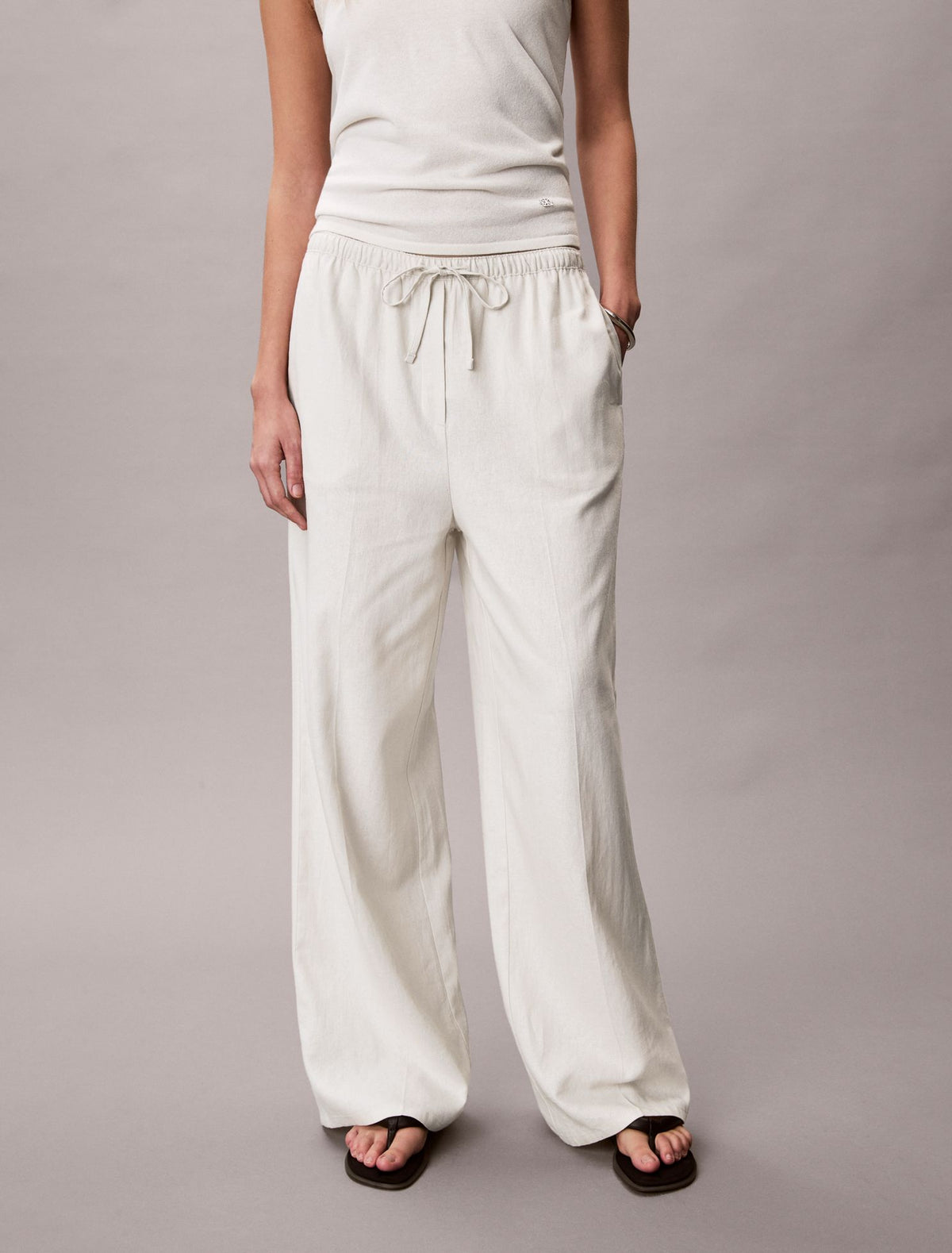 Linen Blend Drawstring Wide Leg Pants - Calvin Klein Women
