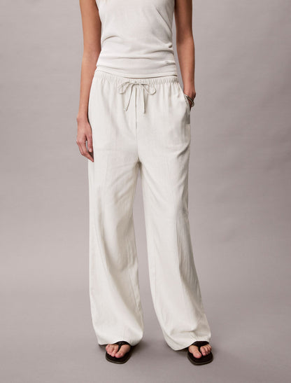 Linen Blend Drawstring Wide Leg Pants - Calvin Klein Women