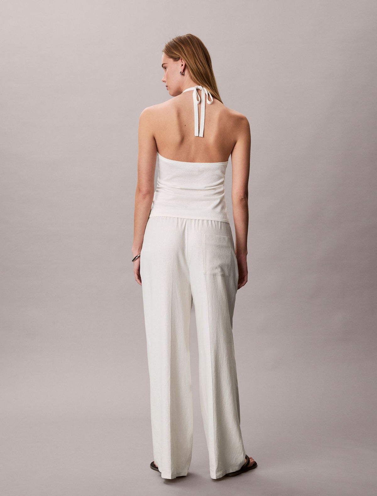 Linen Blend Drawstring Wide Leg Pants - Calvin Klein Women