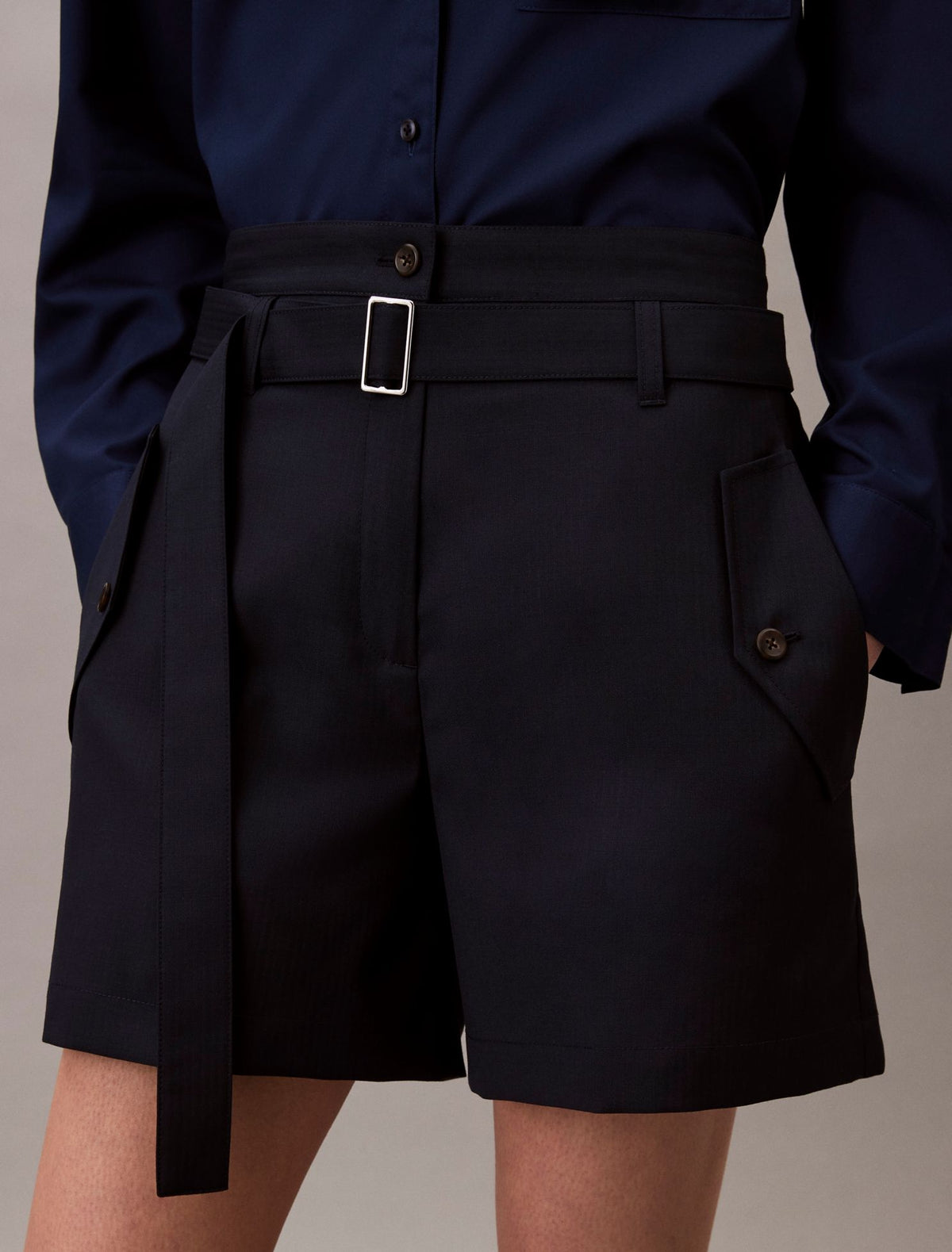 Wool Blend Herringbone Utility Shorts - Calvin Klein Women