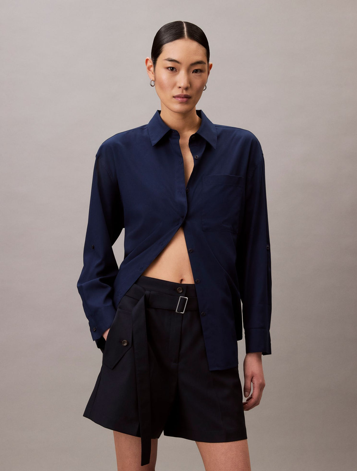 Wool Blend Herringbone Utility Shorts - Calvin Klein Women