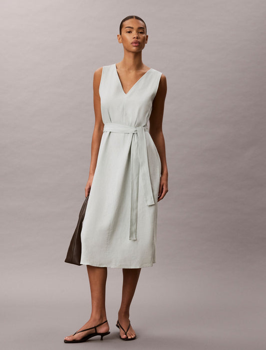 Linen Blend V-Neck Sleeveless Belted Dress - Calvin Klein Women