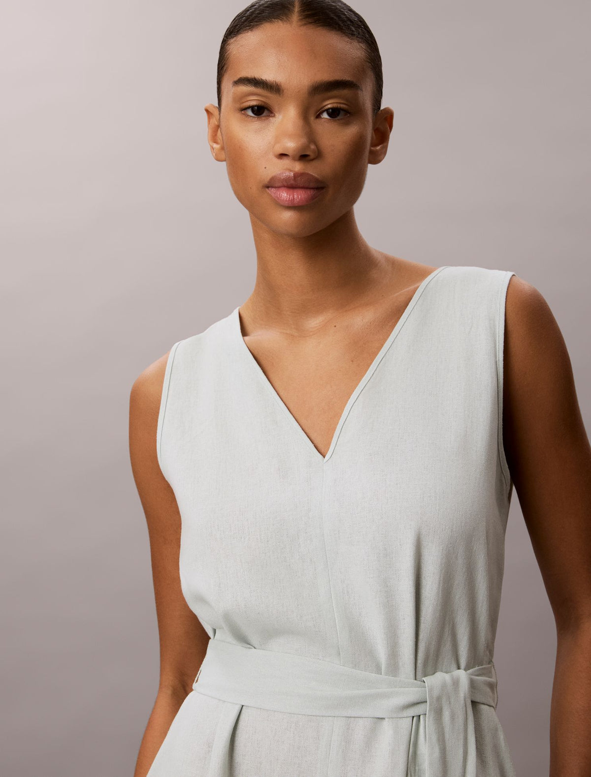 Linen Blend V-Neck Sleeveless Belted Dress - Calvin Klein Women