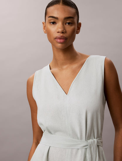 Linen Blend V-Neck Sleeveless Belted Dress - Calvin Klein Women