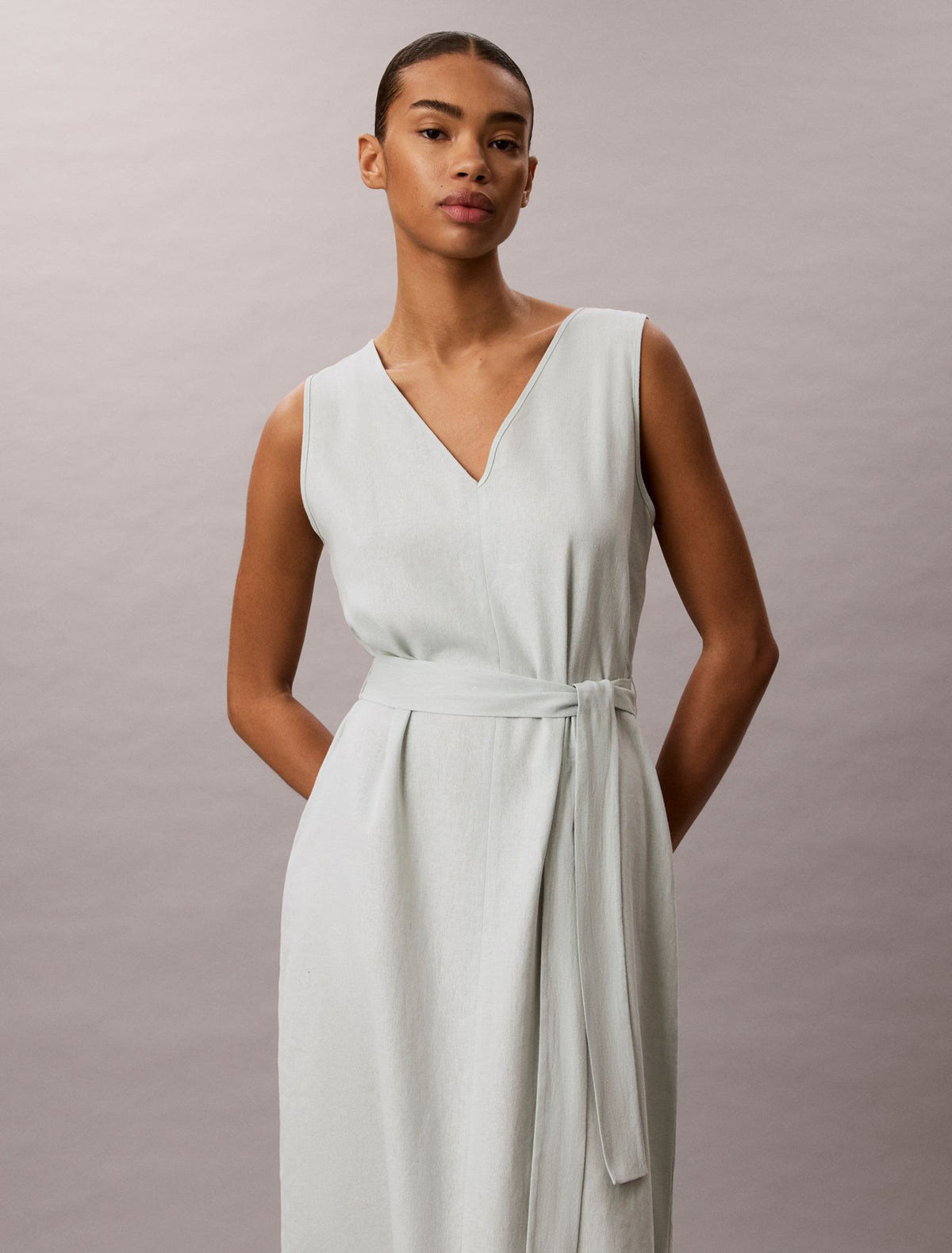 Linen Blend V-Neck Sleeveless Belted Dress - Calvin Klein Women