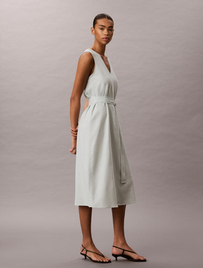 Linen Blend V-Neck Sleeveless Belted Dress - Calvin Klein Women