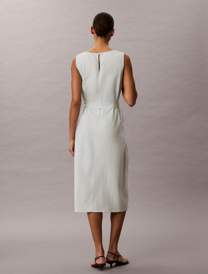 Linen Blend V-Neck Sleeveless Belted Dress - Calvin Klein Women