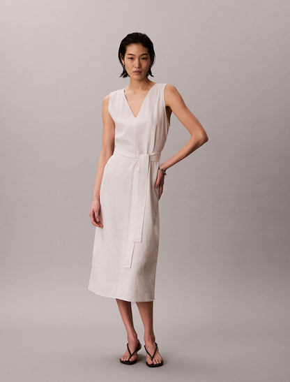 Linen Blend V-Neck Sleeveless Belted Dress - Calvin Klein Women