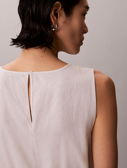 Linen Blend V-Neck Sleeveless Belted Dress - Calvin Klein Women