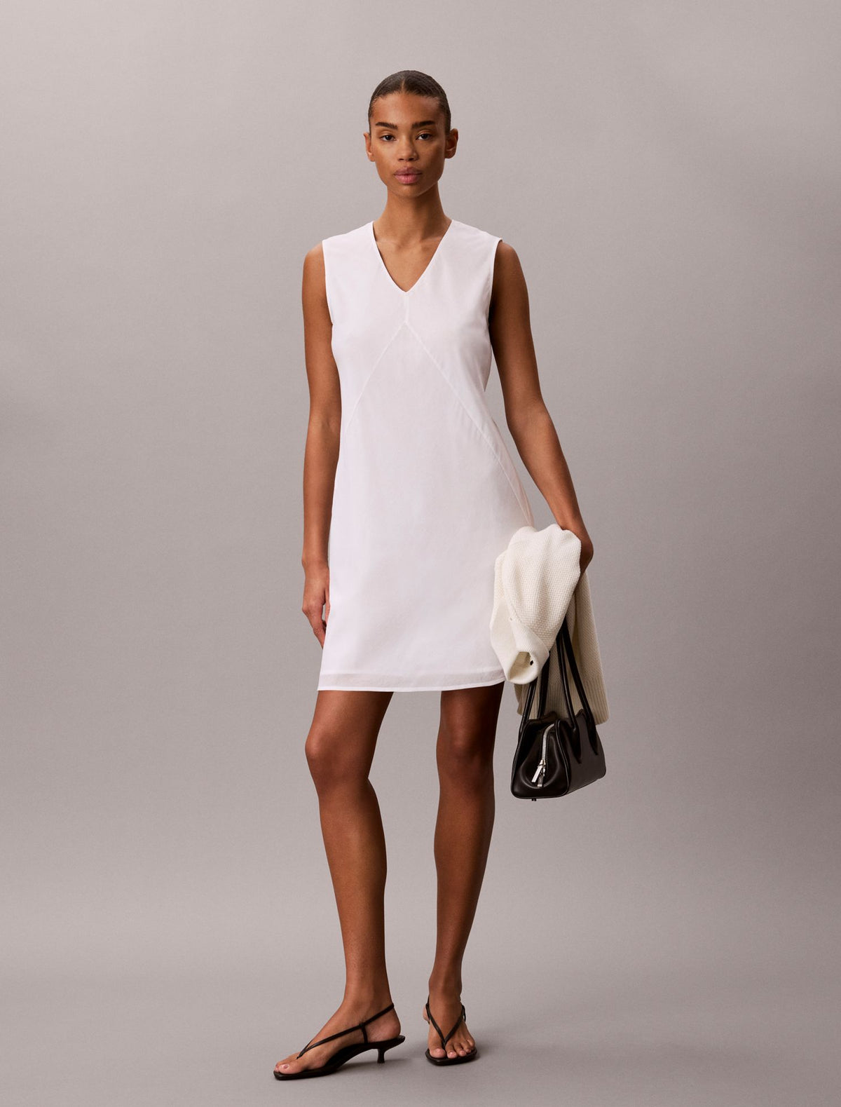 Cotton Blend V-Neck Mini Dress - Calvin Klein Women