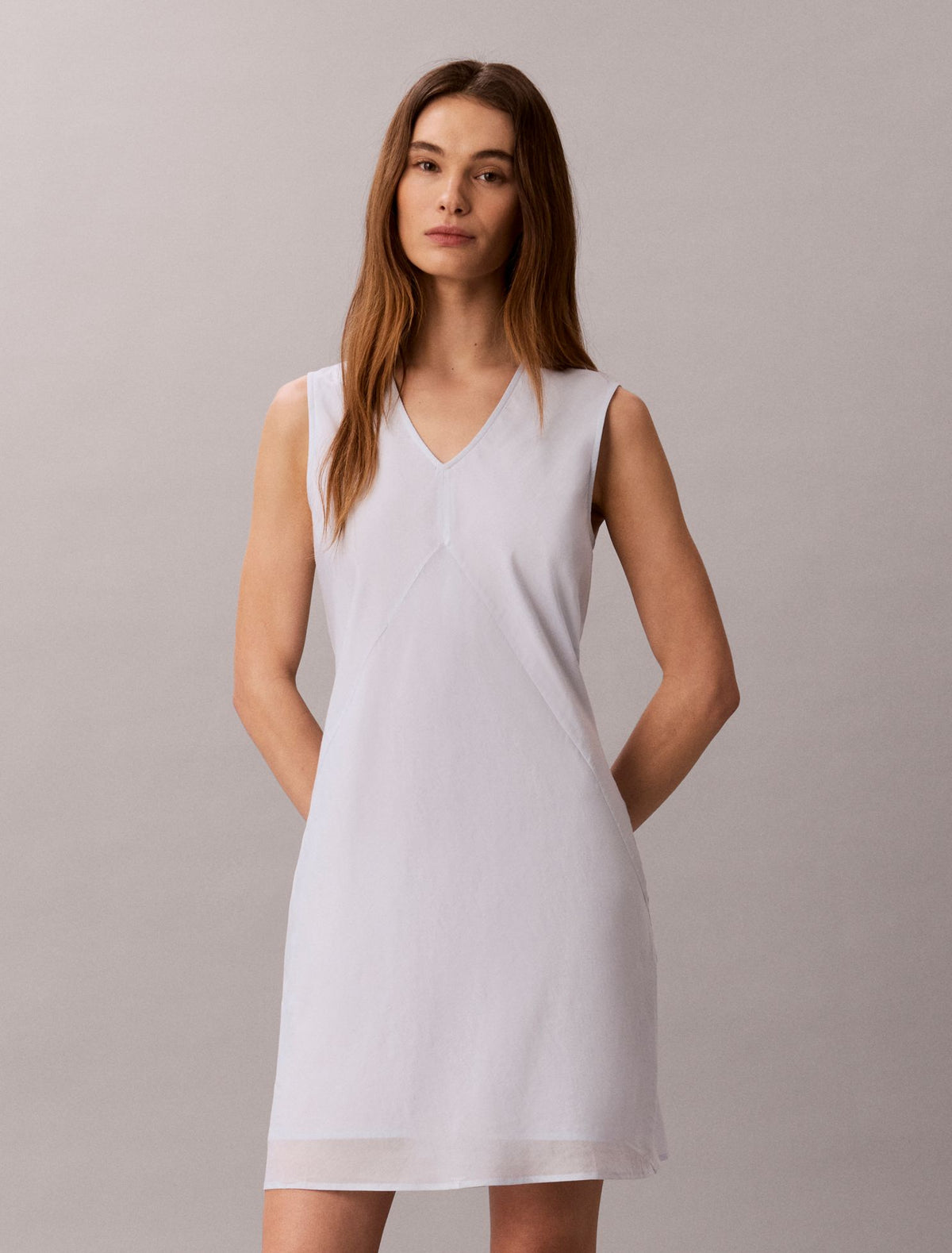 Cotton Blend V-Neck Mini Dress - Calvin Klein Women